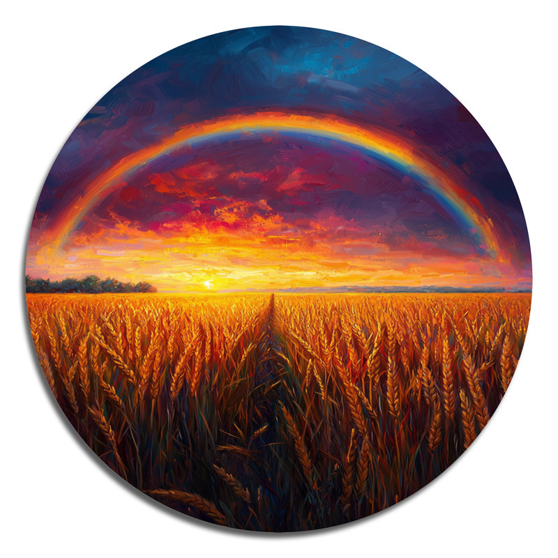 «Rainbow Over The Wheat Fields At Sunset I», reproduction d'art en métal jaune traditionnel, H 16 po x l 16 po