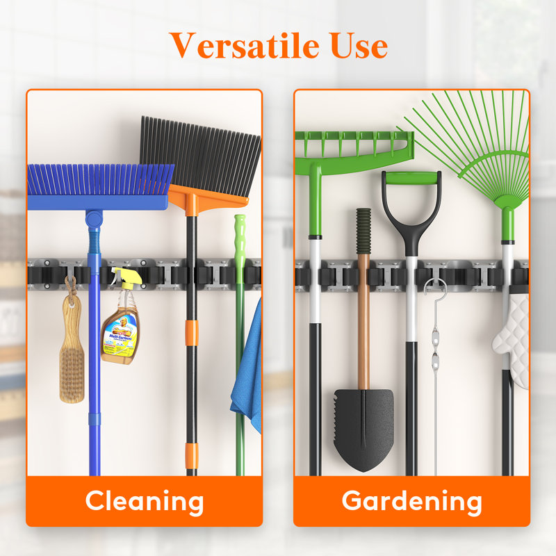 Broom Mop Holder Wall Mounted,heavy Duty Broom Storage With 5 Slot 6 Hooks, Utility Room Storage Solutions For Broom Cupboard Kitchen Bathroom Garage And Garden Tool Organiser, 1 Pack, Black