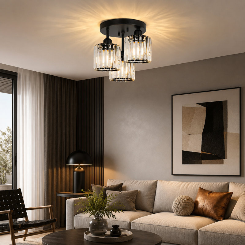 Modern Crystal Ceiling Light Fixtures, 3 - Light Semi Flush Mount Ceiling Light With Clear Crystal Shade, Matte Black