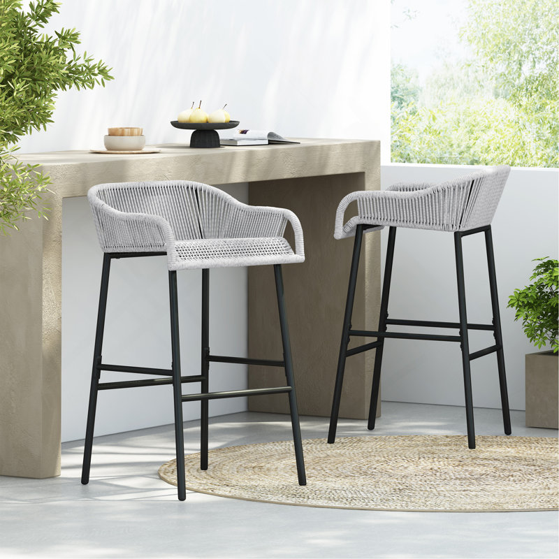 Tabouret de bar d'extérieur gris clair en corde, ensemble de 2, Gris clair