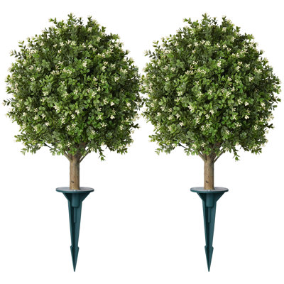 Ashwell Artificial Osmanthus Topiary Ball Tree With White Flowers & Ground Spike - UV Resistant Faux Boxwood Style Shrub For Front Porch Urns & Garden Landscape 
