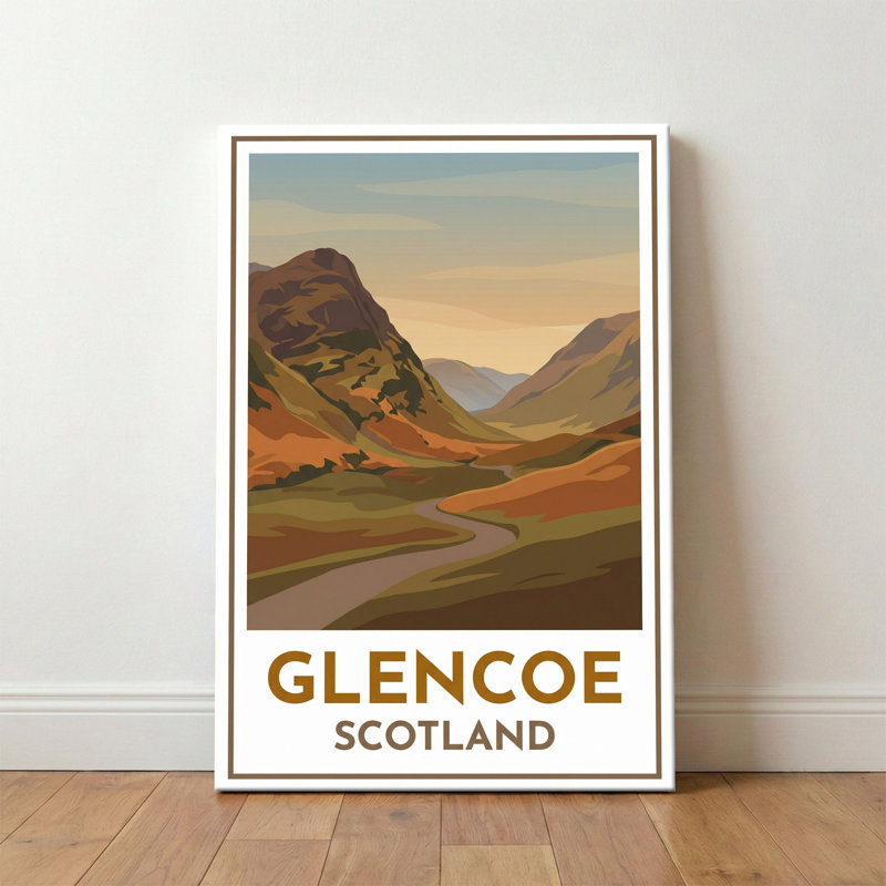 Glencoe, Scotland - Romantic Highlands Travel Poster Celebrating The Glen And Mountains. Giclee Print On Wrapped Canvas. Wall Art, Home Decor - Regions & Scenic Areas, Scotland - Wrapped Canvas Print