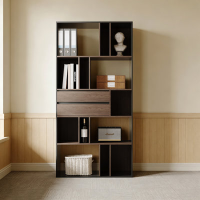 70.86-Inch-Tall Modern Wooden Bookshelf And Display Cabinet, Featuring 2 Storage Drawers And Open Shelves Of Various Sizes