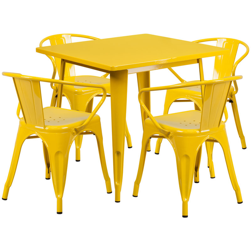 Feodora 31.5'' Square Metal Indoor-Outdoor Table Set with 4 Arm Chairs, Yellow
