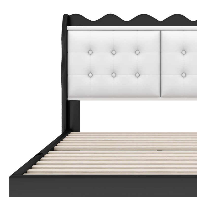 Lit plateforme double Rummanah avec bandes lumineuses à DEL, tête de lit et charge USB, Noir