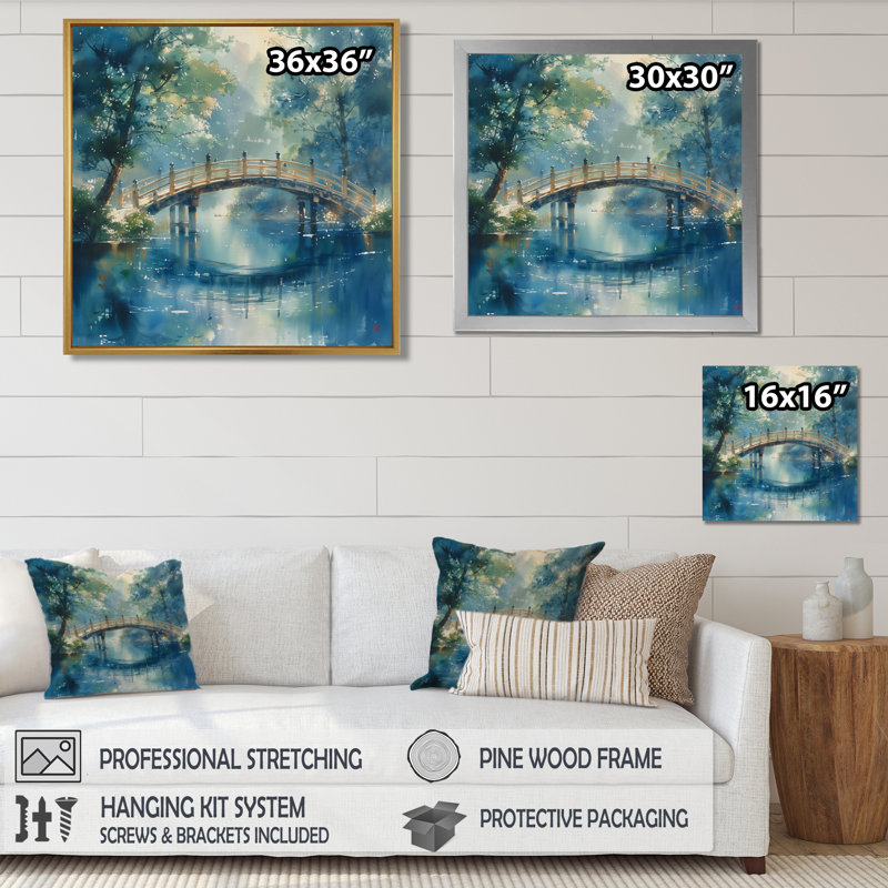 Bleu, vert, rivière, croisement, parc, pont, ponts, art mural, salon, Toile tendue, H 36 po x l 36 po x P 1,5 po