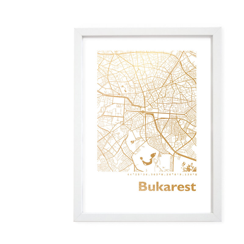 Bucharest Map - Single Picture Frame Print, 42.5cm H x 32.5cm W x 3.5cm D
