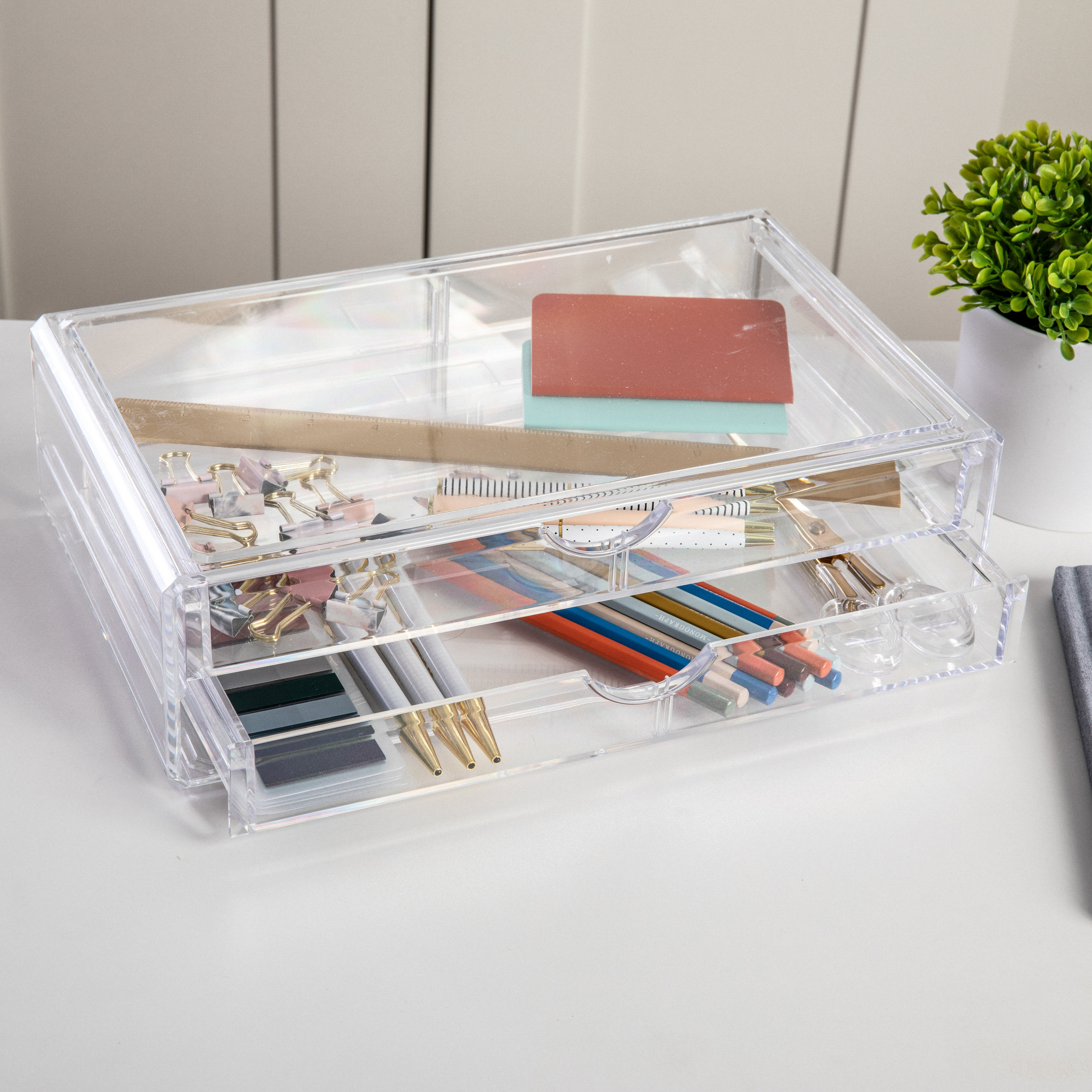 Martha Stewart Plastic Stackable Office Desktop Organizer with 2 Pullout Drawers Clear