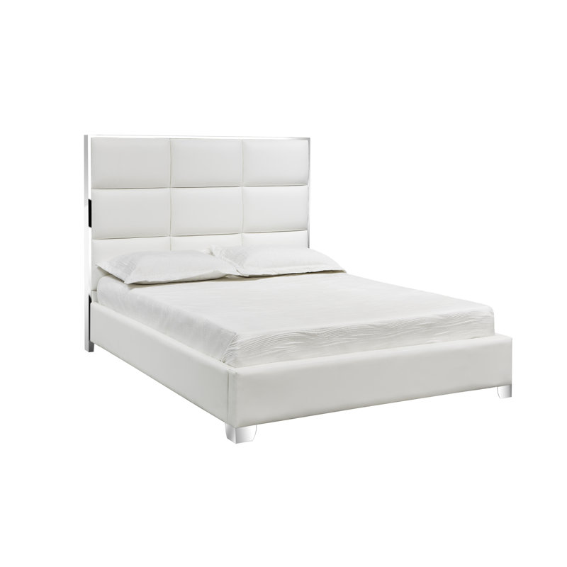 Glasser Upholstered Metal Platform Bed, White, King