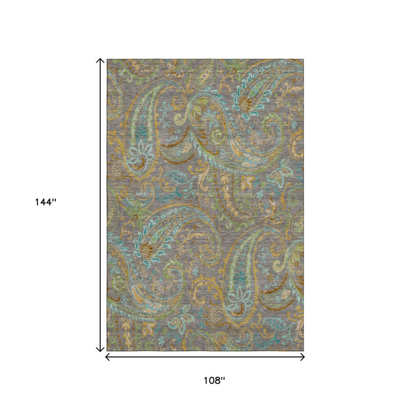 Tapis taupe 9 pi x 12 pi vert et bleu à motif cachemire délavé avec protection UV