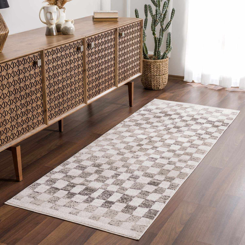 Jasha Checkered Charcoal / Cream / Dark Gray Area Rug, Runner 2'7" x 10', Charcoal