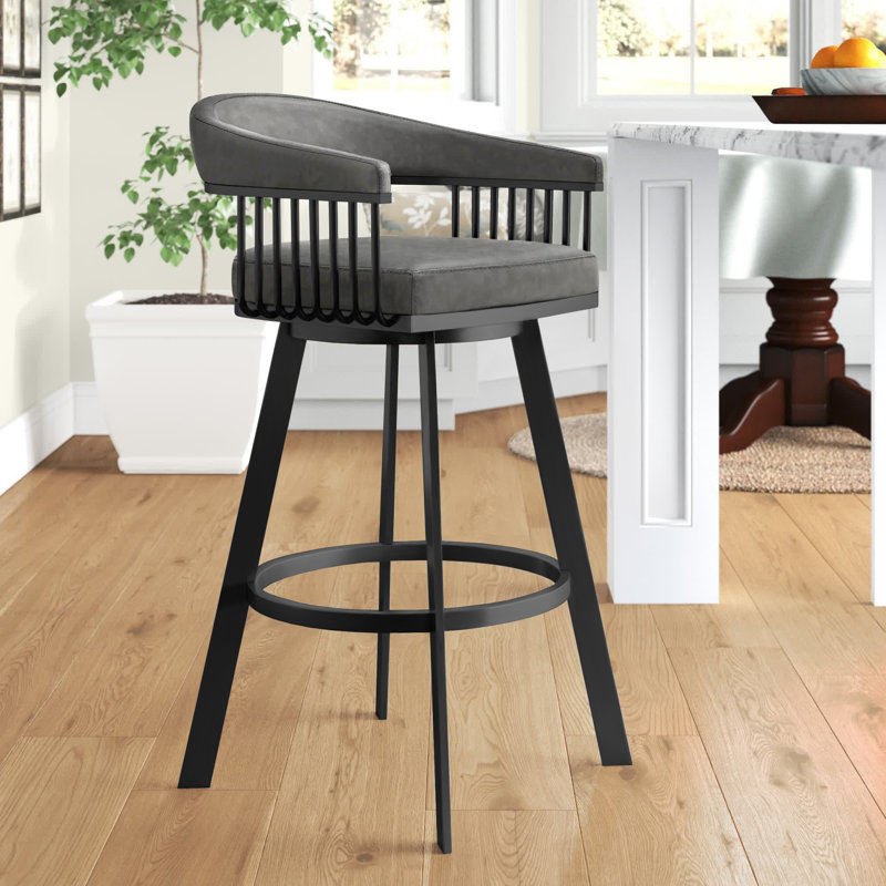 Robinett Swivel Counter or Bar Height Bar Stool with Arms and Footrest in Faux Leather and Metal, Vintage Gray, Black
