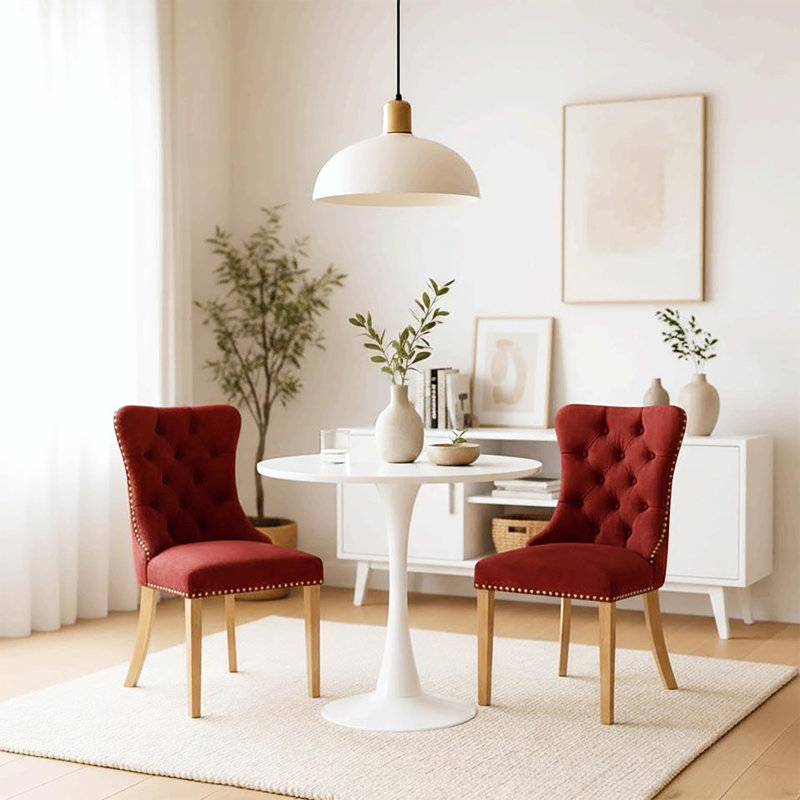 Dining Table Set,  24" Round Dining Table And 2 Velvet Dining Chairs With Gold-plated Legs, White, Red