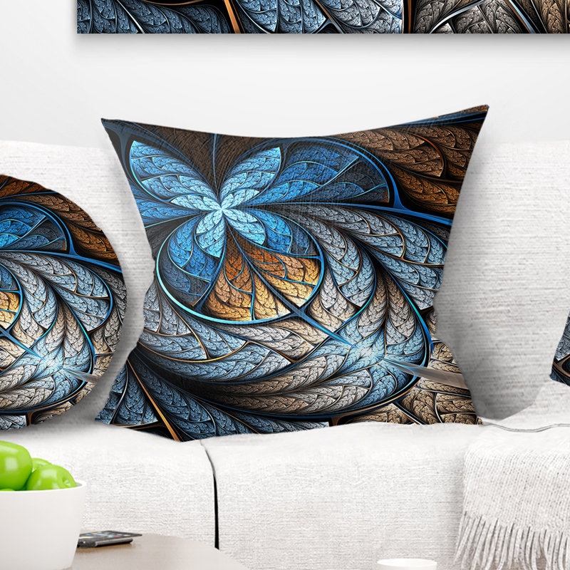 Blue Brown Fractal Flower Pattern - Floral Printed Pillow Design Art 