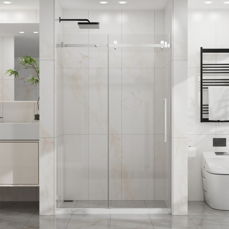 Porte de douche H 72 po, largeur 48 po, verre trempé transparent de 6 mm, revêtement résistant à l'eau, réglable, réversible, éclaboussures, coulissement lisse, cadre en acier coulissant facile à nettoyer, réglable de 44 à 48 po, étanchéité à l'eau,