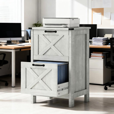 Armoire de bureau avec deux tiroirs pour documents de format A4 et lettre, aspect gris vieilli, porte de grange, glissières de tiroir lisses, dispositif de basculement, classeur à placage réglable