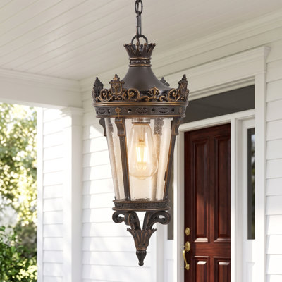 Luminaire suspendu d'extérieur Regal - Motif couronne ornée, abat-jour en verre bullé transparent, luminaire en métal résistant aux intempéries