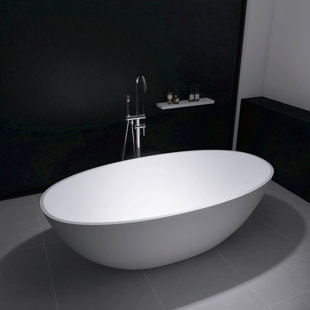 71" Matte White Freestanding Bathtub Deep Soak Oval Design, Solid Surface & Built-In Chrome Drain