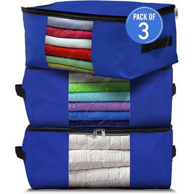 Storage Bags, 90 Litres Large Size Space Saver Bags Heavy Duty Storage Organizer Multipurpose 12 Oz Waterproof Uv-resistant & Tear-proof (23"l X 17"w X 14"h Inches, Royal Blue, Pack Of 3)