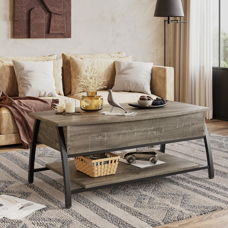 Buser Manufactured Wood Lift-Top Coffee Table with Steel Base, Retro Gray/Oak Dark 