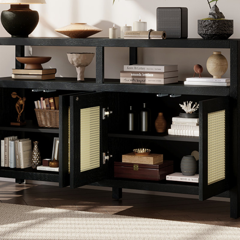 Bohemian Style Rattan Buffet Storage Cabinet With Solid Wood Frame, Sideboard With 3-Position Adjustable Shelves For Living & Dining Rooms, No-Handle Push-To-Open Design (Black)