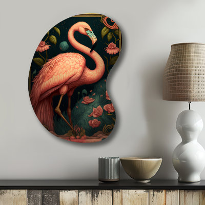 Flamant rose rétro avec roses - forme de flèche animaux flamant rose - art mural asymétrique en métal