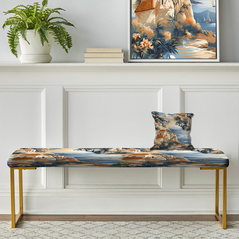 Motif botanique méditerranéen - banc rembourré en patchwork doré