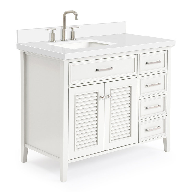 Ariel Kensington Left Offset Rectangle Single Sink Vanity, White, 36.25", Carrara White Quartz
