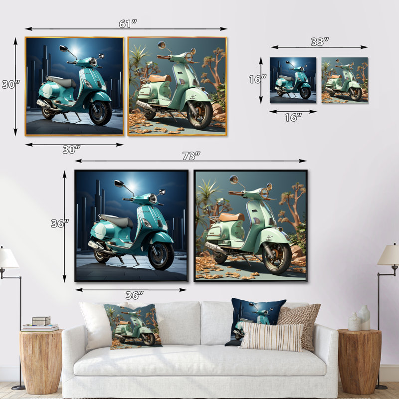 Vintage Vibrant Scooter - Ensemble de 2 collages carrés, H 16 po x l 33 po, Toile tendue