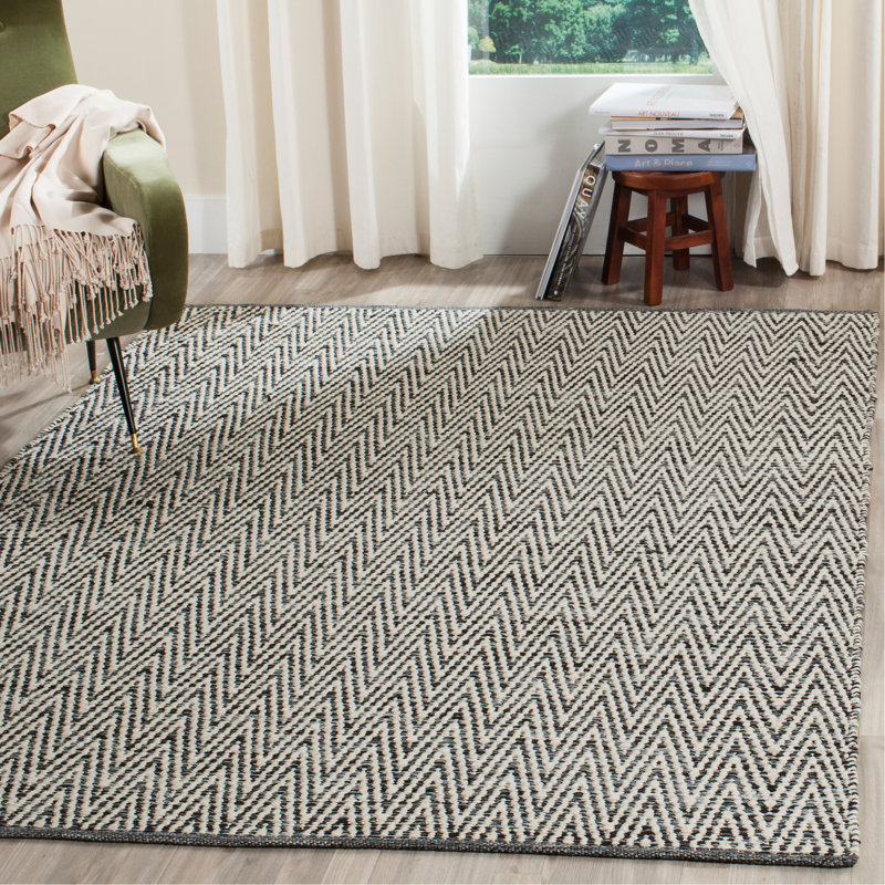 Tapis ivoire / gris foncé en coton tissé à plat à la main Alphy, Rectangle 4 pi x 6 pi