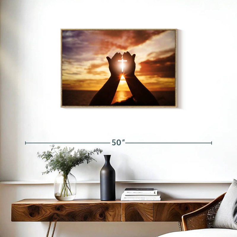Croix de soleil brillante, Cadre flottant en bois naturel, 31 po x 21 po