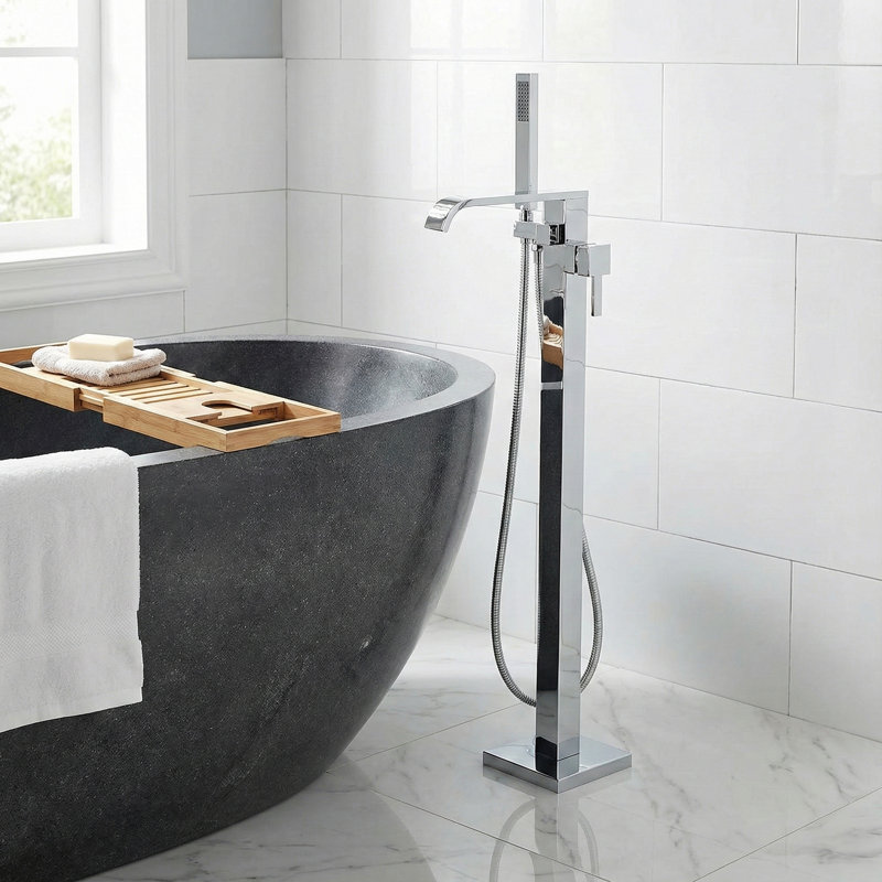 Cozyblock Floor Mount Bathtub Faucet Freestanding Tub Filler Standing High Flow Shower Faucets Mixer Tap, Swivel Waterfall Spout With Square Handheld | Modern Design Tub Filler Faucet (chrome)