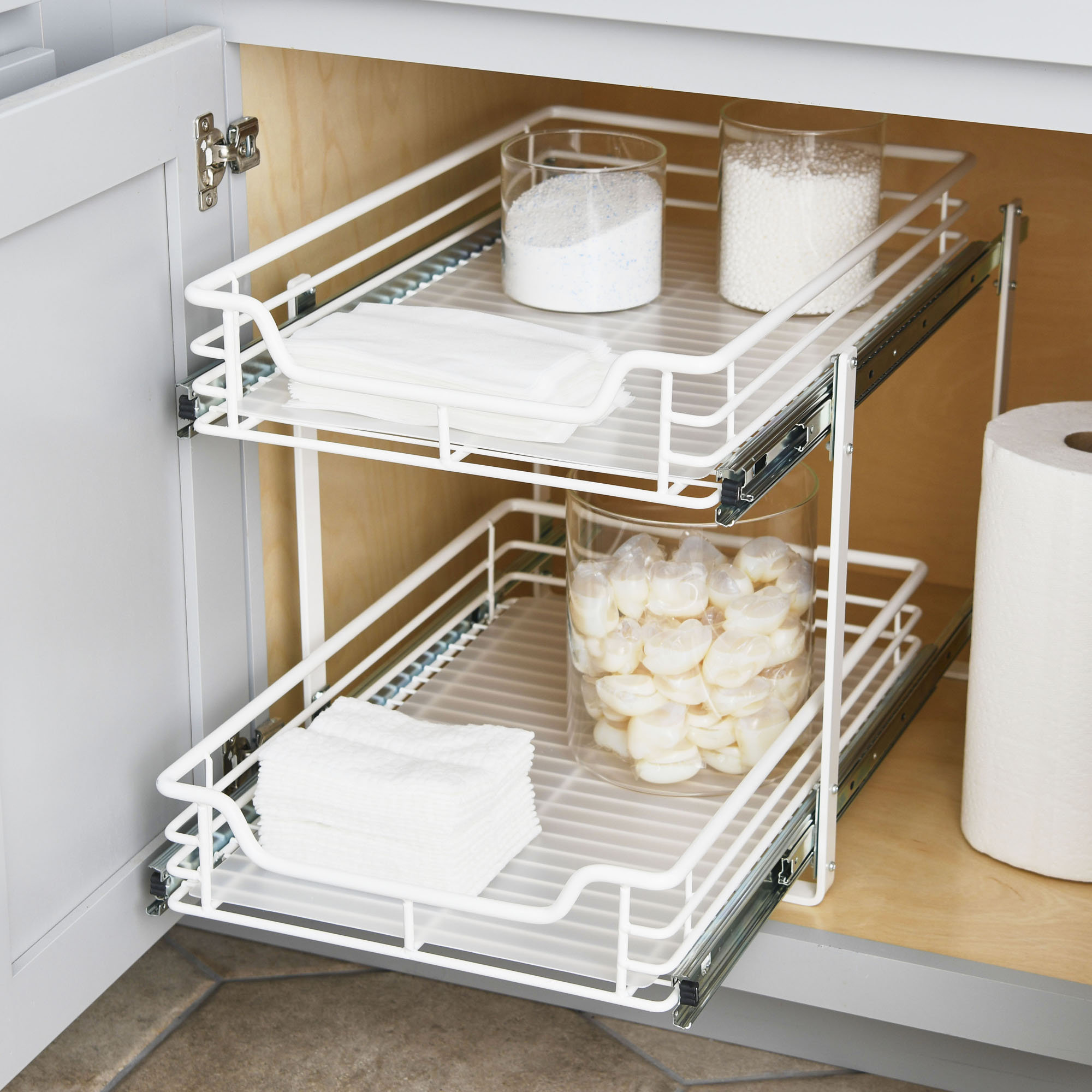 Rebrilliant Elizandra Glidez Multipurpose Paint-Finished Steel Pull-Out/Slide-Out Storage Organizer with Plastic Liners for Under Cabinet Use - Dual-Slide 2-Tier Design - Fits Standard Size Cabinet or Shelf & Reviews | Wayfair