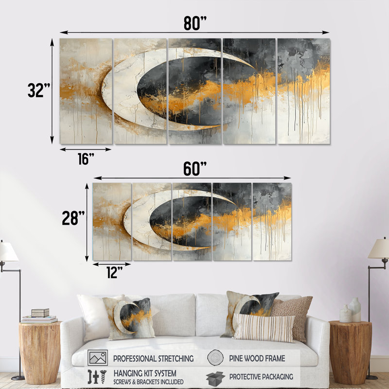 Obidiah - tuile abstraite, art mural - ensemble de décorations murales modernes, H 28 po x l 60 po, 5
