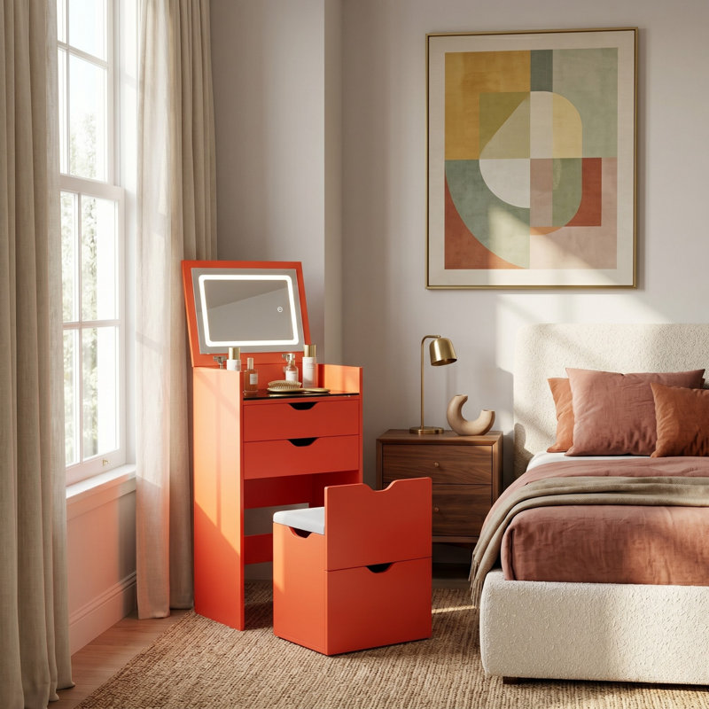 Coiffeuse 3 en 1 avec miroir rabattable et lumières, bureau de maquillage compact avec tabouret caché et tiroirs de rangement, orange