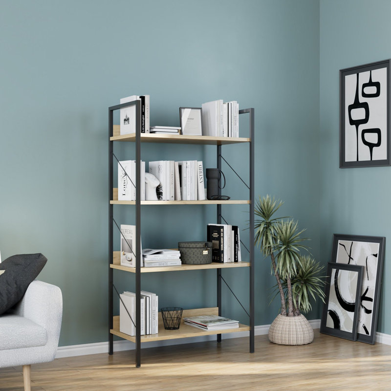 Bibliothèque industrielle, finition chêne, 28,7 x 53,5 x 13,8 pouces | Panneau de particules 100% mélaminé, nombreuses tablettes | Conception murale pour un rangement peu encombrant | Parfait pour l'organisation de la maison et du bureau
