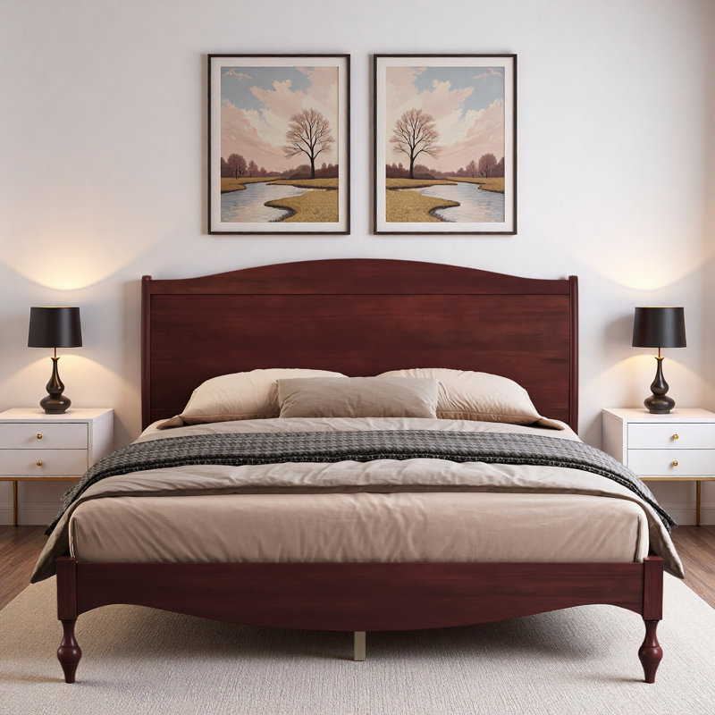 Lit plateforme avec tête de lit arquée Vintage, Grand lit, Noyer foncé