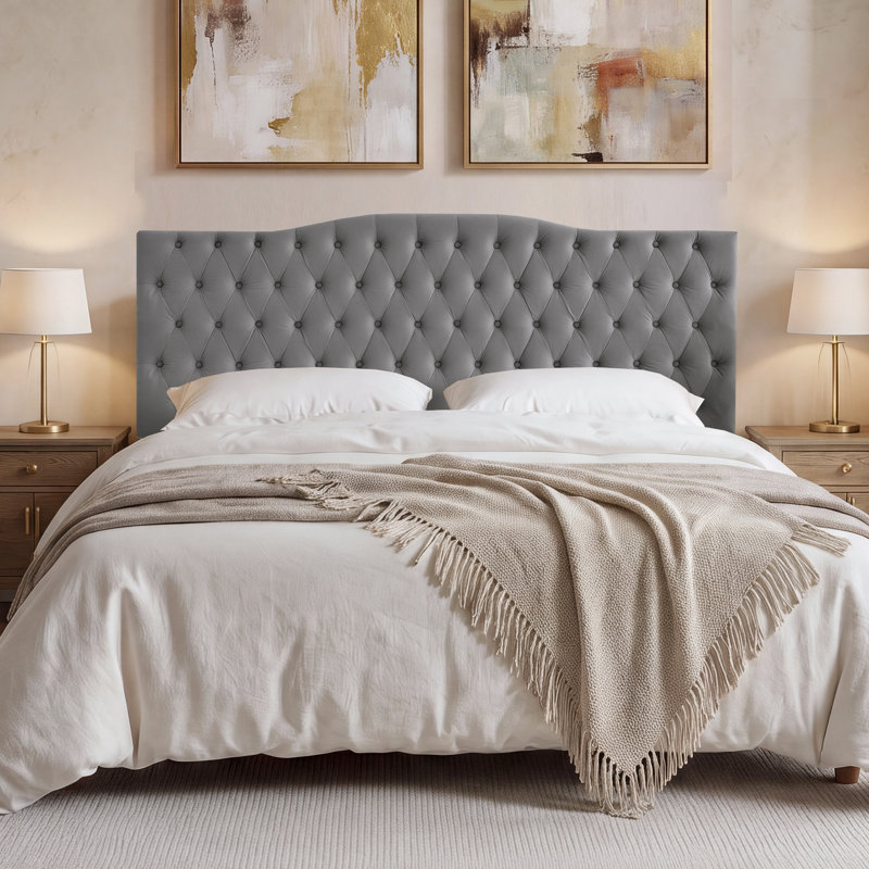 Aveigha Arched Upholstered Headboard, Gray Velvet, Queen