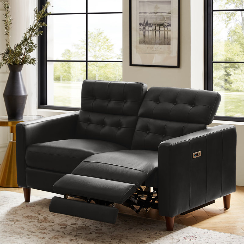 Gurdarshan Leather Dual-Motor Power Reclining Sofa, Black