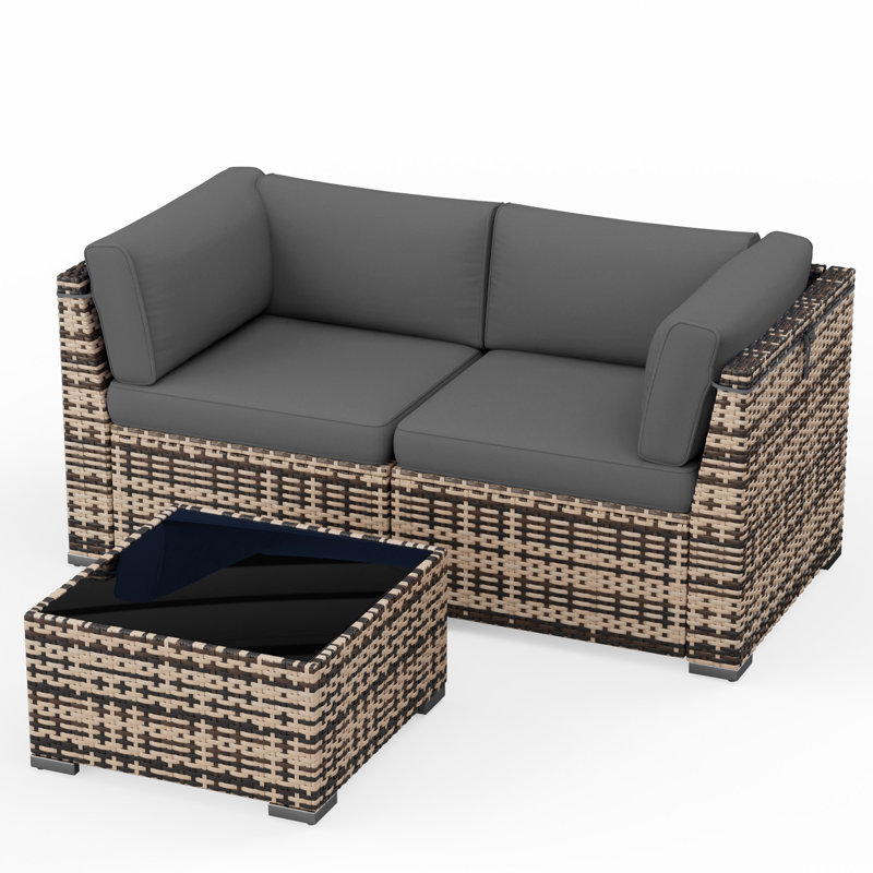 Outdoor Wicker Patio Loveseat Sofa With Cushions, All-Weather PE Rattan Outdoor Couch With Adjustable Feet, Anti-Slip Cushions & Modern Side Table For Porch, Backyard