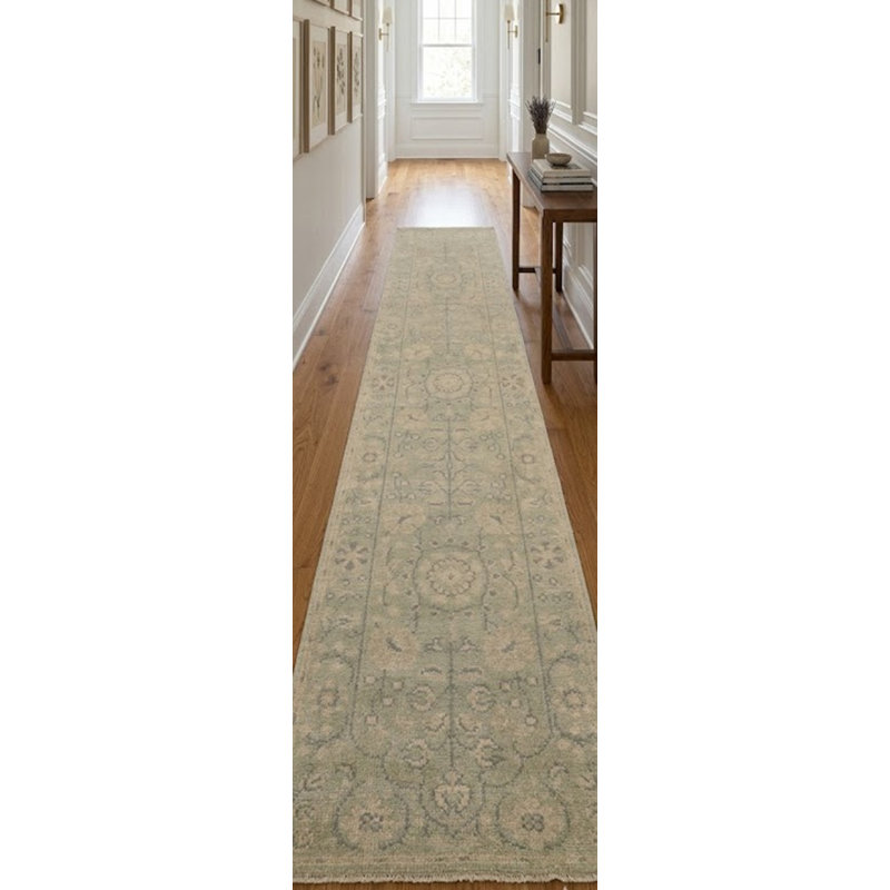 Green Floral Transitional 2X10 Handmade Oriental Runner Rug