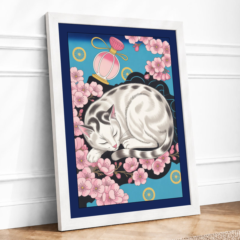 Sleeping Cat in Bloom Boho - Framed Print, A4 - 29.7 x 21.0 cm, White