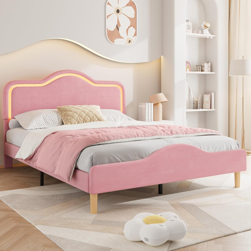 Queen Size Upholstered LED Bed Frame with Adjustable Headboard and Footboard Velvet Princess Platform Bedframe for Kids Girls Wooden Slats Support No Box Spring Needed Easy Assembly Pink