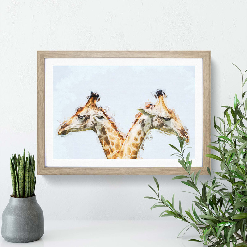 Giraffes Looking Both Ways - Picture Frame Graphic Art Print, Oak Framed, 48cm H x 65cm W x 2cm D