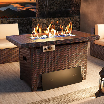 Outdoor Propane Gas Fire Pit Table,  50,000 BTU Rectangular Rattan Fire Pit with Lid, Hidden Tank Storage
