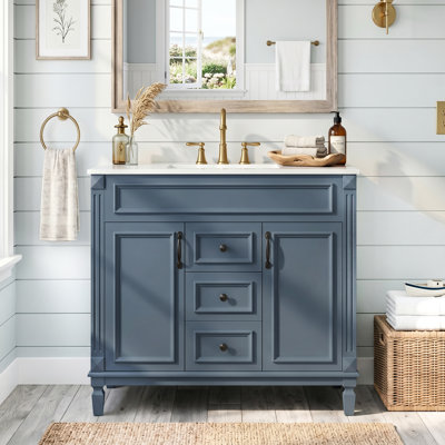 Meuble-lavabo autoportant 36 po en bois de pin et panneau de fibres à densité moyenne, armoire de rangement bleu marine avec 2 portes à fermeture douce et 2 tiroirs de rangement, lavabo en céramique blanc brillant intégré