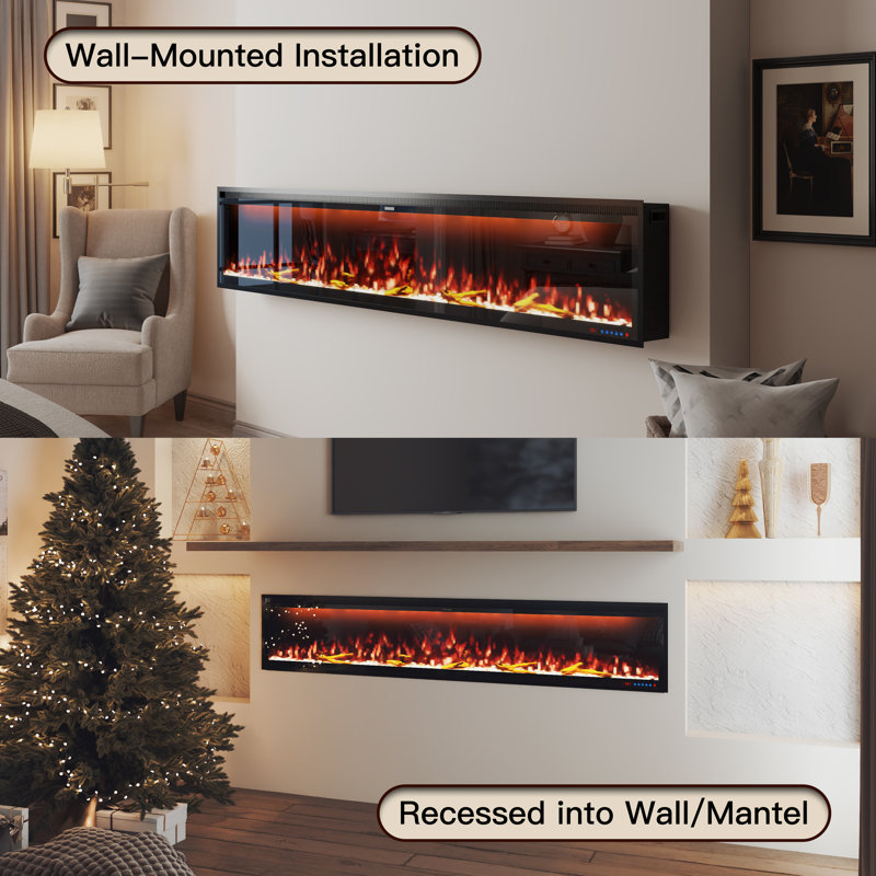Wall Mounted/Recessed-In Electric Fireplace With Smart WIFI, 17" H x 88" W x 6.3" D