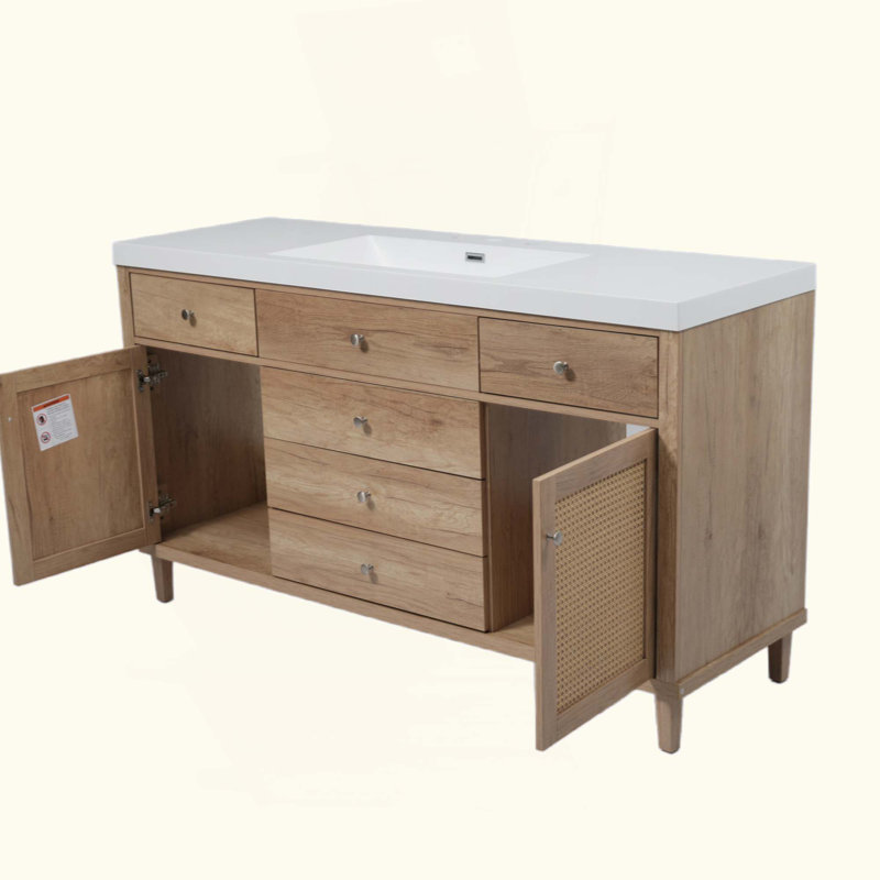 Meuble-lavabo avec lavabo SMC, grande armoire de rangement moderne avec tiroirs à fermeture en douceur et portes en rotin, boutons en métal argenté et 5 pieds en pin