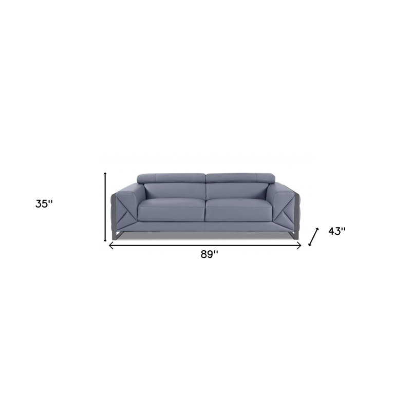 Gracie Mills 89" Light Blue Italian Leather Sofa With Chrome Legs
