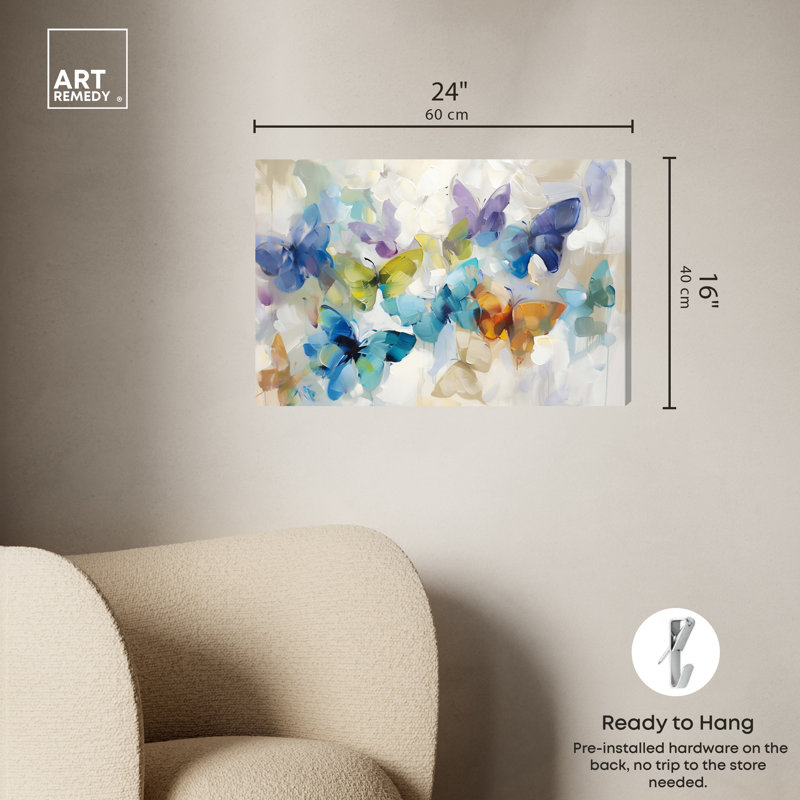 Papillons en vol, H 16 po x l 24 po, Toile tendue